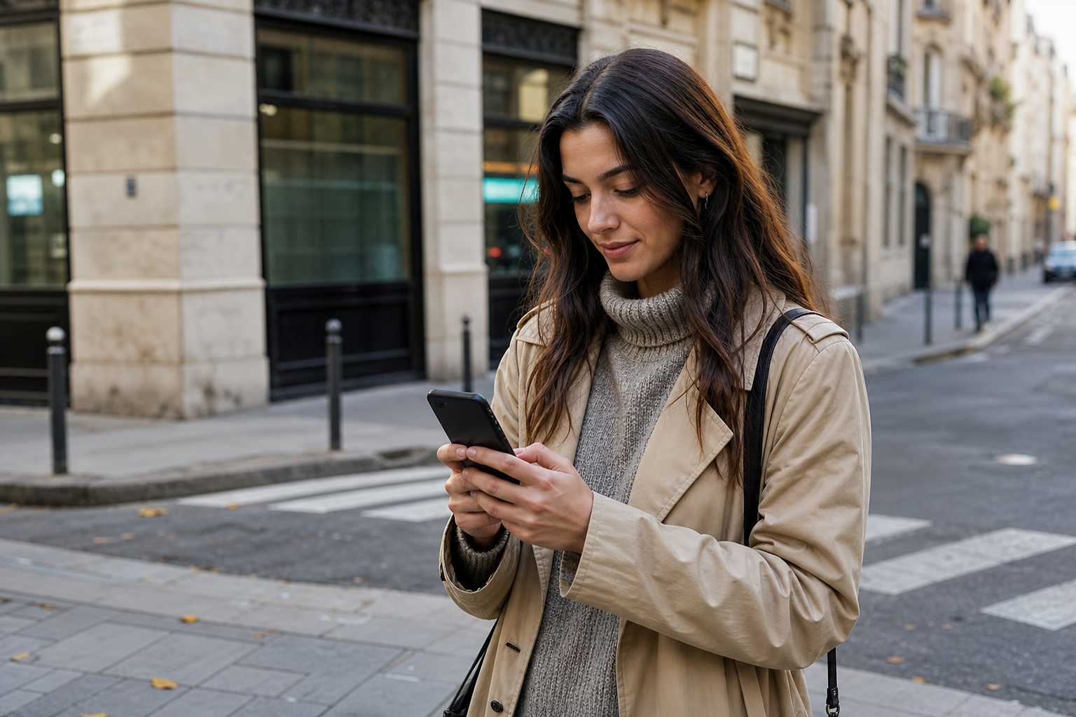 Persona dejando un mensaje en la calle con el móvil